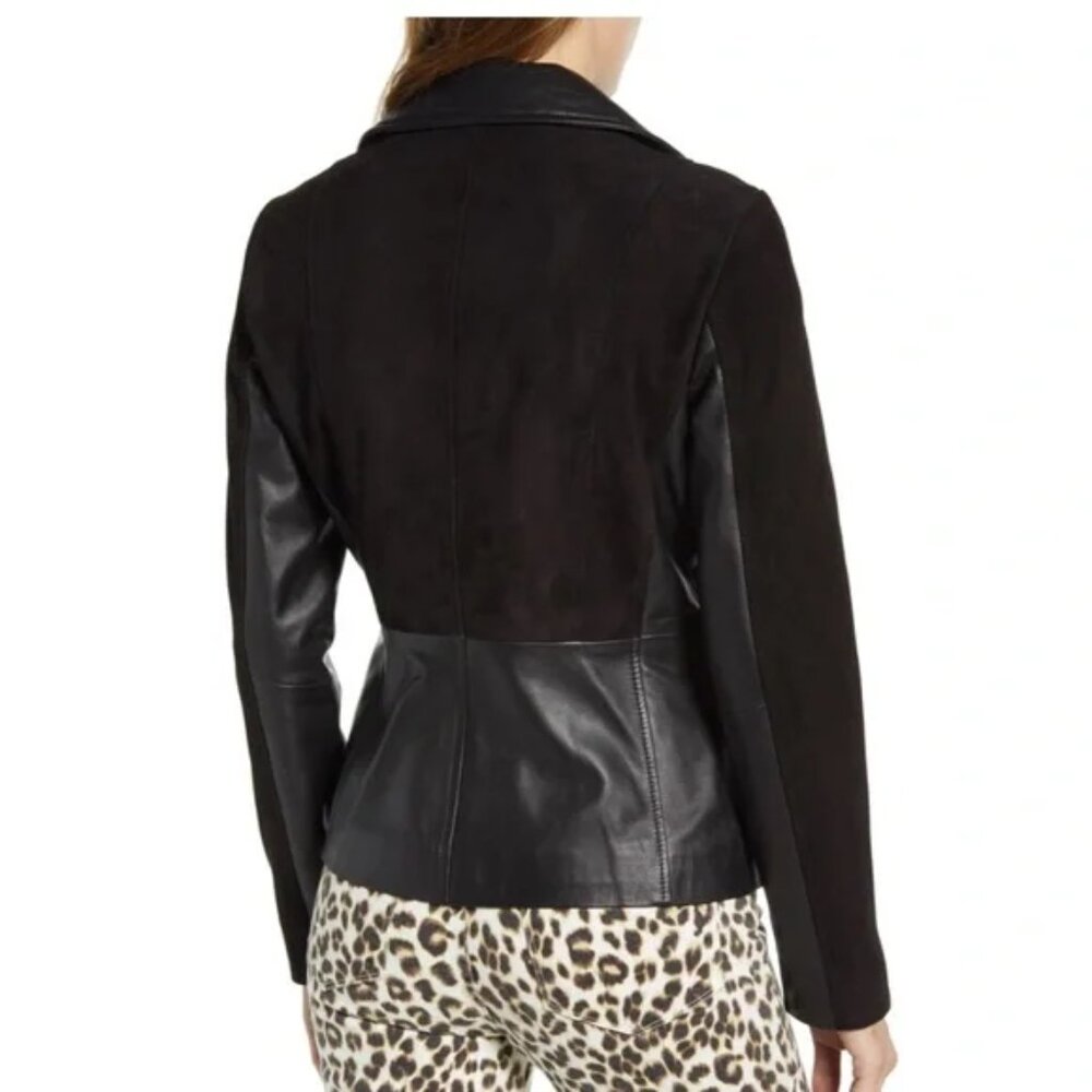 new BERNARDO Suede Detail soft genuine Leather Double zipper Moto Jacket - Picture 4 of 6